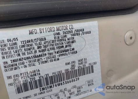 2005 Mercury Grand Marquis Gs from USA, damaged, VIN 2MEFM74W65X668639